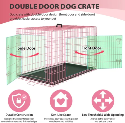 Miniatura 3 de BestPet Jaula para perros 36 pulgadas Rosa Perrera plegable de metal con puertas dobles, pestillos seguros de perno deslizante, bandeja a
