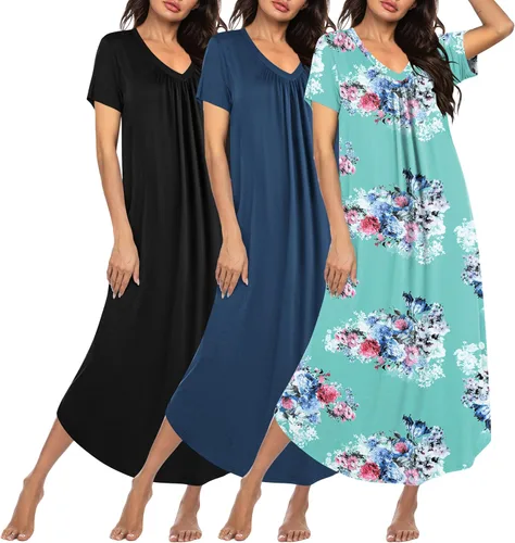 Miniatura 17 de Ekouaer Paquete de 3 camisones largos para mujer, talla grande, vestido de casa de manga corta, cuello en V, camisón casual, M-5XL