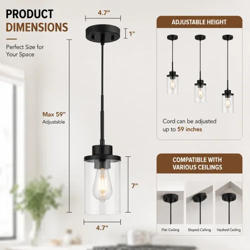 Miniatura 2 de Moderna Lámpara Colgante de Granja Negra de Vidrio Transparente Cilíndrico, Iluminación Colgante de Metal Industrial Mini para Isla de Cocina, Mesa