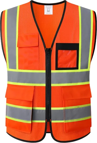 Miniatura 12 de Chaleco de seguridad para mujer, chaleco de alta visibilidad con 8 bolsillos y cremallera frontal, chaleco reflectante de malla que cumple