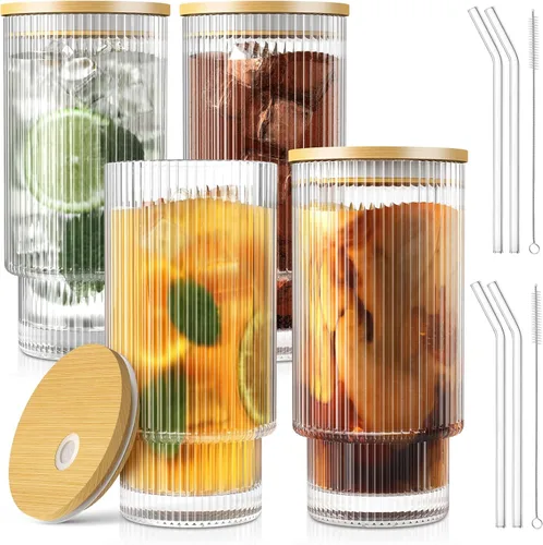 CWHHRN Juego de 4 tazas de vidrio acanalado de 16 onzas con tapas y pajitas, cristalería vintage para whisky, cóctel, cerveza, tazas de café helado