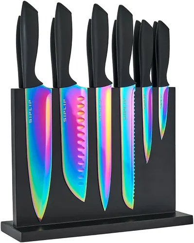 Juego de 15 cuchillos de cocina de acero inoxidable de alto carbono con soporte magnético, incluye chef, pan, cuchillos de carne dentados y afilador