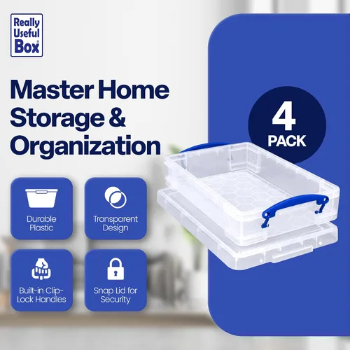 Miniatura 2 de Really Useful Box Contenedor apilable de plástico de 4 litros con tapa a presión y asas de bloqueo de clip integradas para organización del hogar