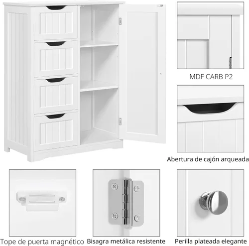 Miniatura 6 de Yaheetech Armario organizador de madera para el suelo del baño/lateral con 4 cajones y 1 armario, unidad de almacenamiento de entrada independiente