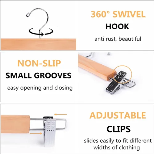 Miniatura 4 de Amber Home Paquete de 24 perchas de madera natural maciza de 14.17 pulgadas, perchas inferiores para pantalones pantalones jeans con 2 clips