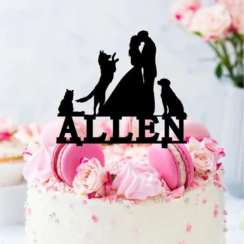 Miniatura 3 de Decoración para tartas de pareja con mascotas, dos perros y un gato, 5.9 pulgadas, acrílico, personalizable, fecha y nombre, novia y novio, tenedor