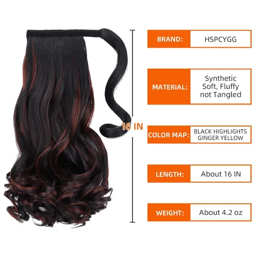 Miniatura 3 de Extensión de cola de caballo ondulado, con clip negro, 16 pulgadas, 4.2 onzas, extensiones de cabello sintético envolvente, aspecto real, peluca