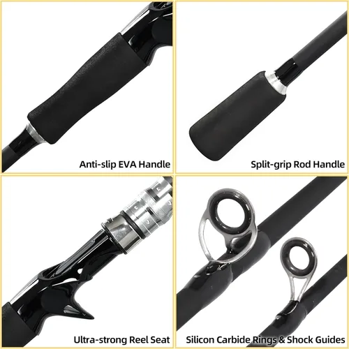 Miniatura 4 de Kilitn Combo de caña de pescar y carrete, carrete de cebo de color negro, caña de cebo de 2 piezas, fibra de vidrio duradera con cómodo mango de EVA