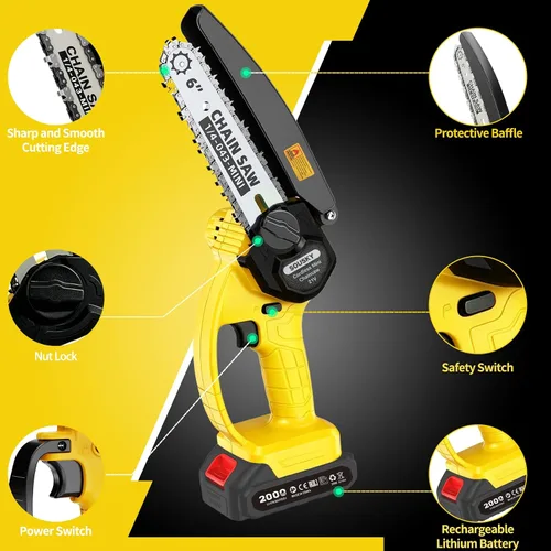 Miniatura 5 de Mini motosierra inalámbrica de 6 pulgadas, motosierra de mano ligera de 2.2 libras, funciona con batería recargable de 21 V y cargador, motosierra