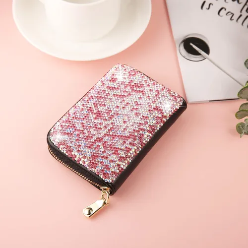 Miniatura 3 de AsAlways Funda con cremallera multicapa con diamantes de imitación RFID, cartera pequeña delgada para mujer, Rosado, Moderno