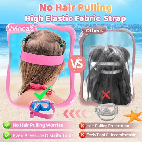 Miniatura 3 de Vvinca Máscara de natación para niños con cubierta nasal, máscara de buceo con correa de tela antiniebla y lente anti-roturas para niños de 3 a 15