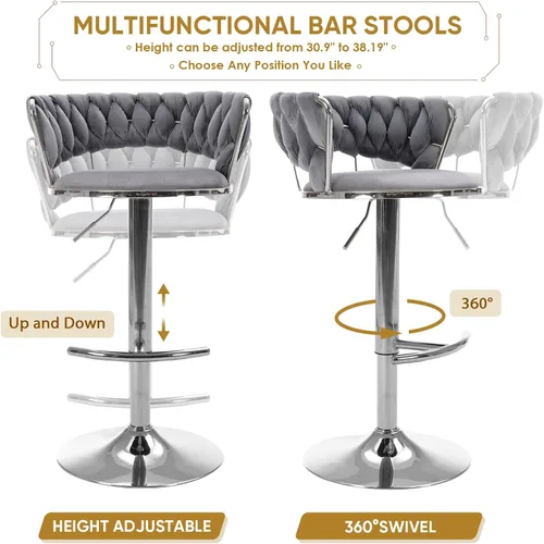 Miniatura 3 de Juego de 2 taburetes de bar giratorios de terciopelo, modernos taburetes de bar ajustables con respaldo tejido, taburete de bar de altura