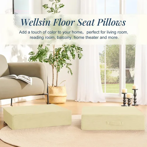 Miniatura 3 de Wellsin Cojines de Suelo Cuadrados Sólidos para Adultos y Niños - Cojín Grande de Suelo para Meditación y Asiento con Espuma Gruesa y Funda de Beige