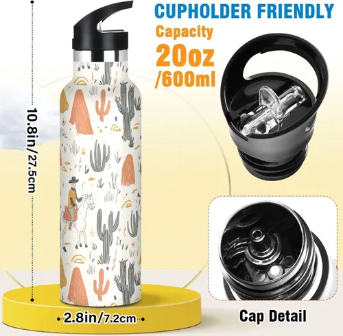 Miniatura 2 de Western Cowboy Boho Cactus Vast Wilderness, Reusable Water Bottle Insulated with Straw Double Wall Vacuum Insulated Leakproof and BPA Free for Gym 20