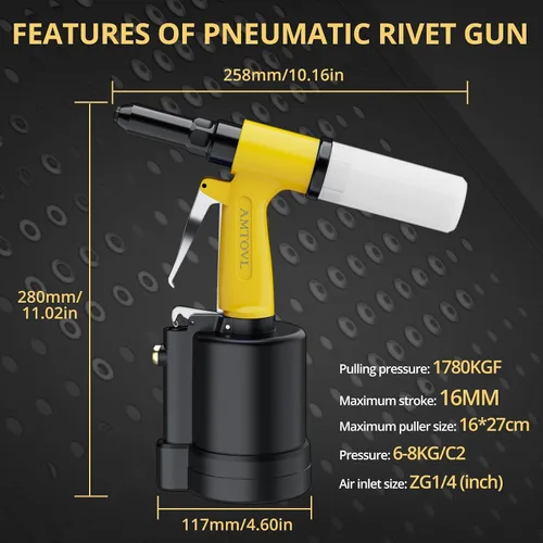 Miniatura 5 de AMTOVL Remachadora Neumática - Pistola de Remaches Neumática de Tracción 3917LBF, Remachadora de Aire de Servicio Pesado con Capacidad para 3/32