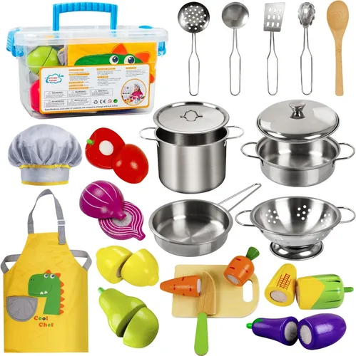 Sundaymot Accesorios de Juguete de Cocina, Alimentos de Madera, Juego de Cocina con Ollas y Sartenes de Acero Inoxidable, Utensilios, Delantal,