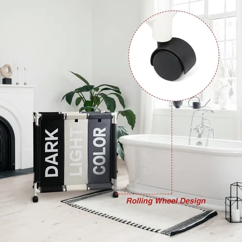 Miniatura 4 de Cesta clasificadora de ropa sucia de 3 secciones con ruedas rodantes, carrito organizador de lavandería para baño, dormitorio, guardería