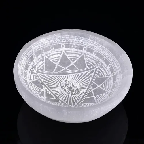 AMOYSTONE Plato redondo de piedra de selenita de 4 pulgadas, tallado a mano, ojo de demonio #1, estación de carga de cristal, cuenco curativo Ojo de