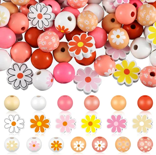 Miniatura 10 de Tradder 200 cuentas redondas de verano de flamenco, cuentas de madera con hojas de palma pulidas hawaianas tropicales para hacer joyas, manualidades