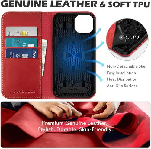 Miniatura 3 de SHIELDON Funda tipo cartera para iPhone 13 de 6.1 pulgadas, estuche tipo folio de piel auténtica con función atril y bloqueo RFID, ranuras para Rojo