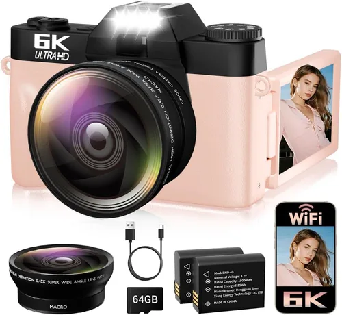 Miniatura 11 de Cámara digital 6K para fotografía con enfoque automático, cámara de videoblogs WiFi de 64 megapíxeles para YouTube con pantalla giratoria de 3" Negro
