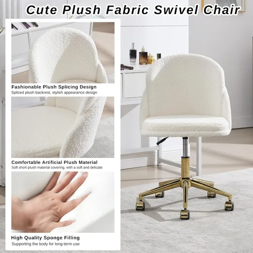 Miniatura 4 de Silla de escritorio de piel sintética, cómoda silla de tocador de maquillaje, moderna silla giratoria tapizada esponjosa con ruedas, base de metal