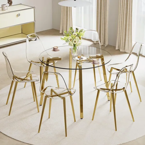 Miniatura 21 de Juego de mesa de comedor gopop de 5 piezas para 4, juego de mesa de comedor redonda de vidrio para 4, mesa de vidrio templado con 4 sillas