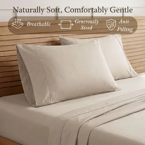 Miniatura 3 de Threadmill Juego de fundas de almohada tamaño king de 2 piezas - 100% algodón puro de 300 hilos, tejido de satén beige - Fundas de almohada ultra