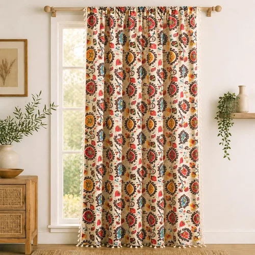 VOGOL Cortinas bohemias florales de 63 pulgadas, estampado de mandala rojo para ventanas pequeñas de dormitorio, tela texturizada de aspecto de lino