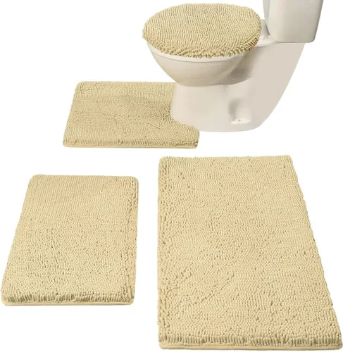 Madeals Juego de 4 alfombras de baño con tapa de inodoro, juego de alfombras de baño suaves y peludas de 3 piezas y alfombra de inodoro en forma de