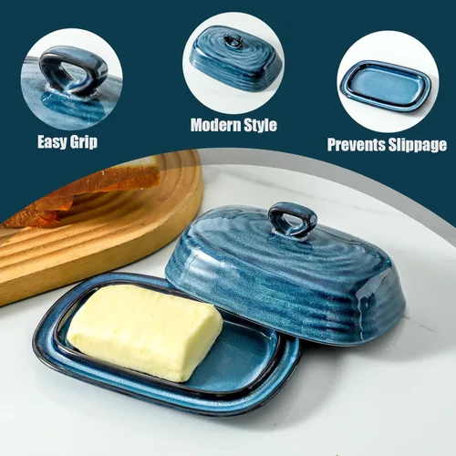 Miniatura 2 de glowworm Mantequillera de cerámica con tapa, plato de mantequilla de 7.3 pulgadas con asa, platos de mantequilla de granja para encimera, decoración