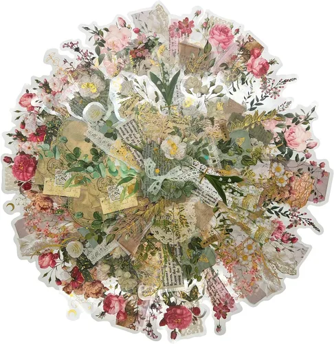 Calcomanías naturales para álbumes de recortes, 60 unidades de hojas de color verde rosa, calcomanías botánicas decorativas, acuarela, estética para
