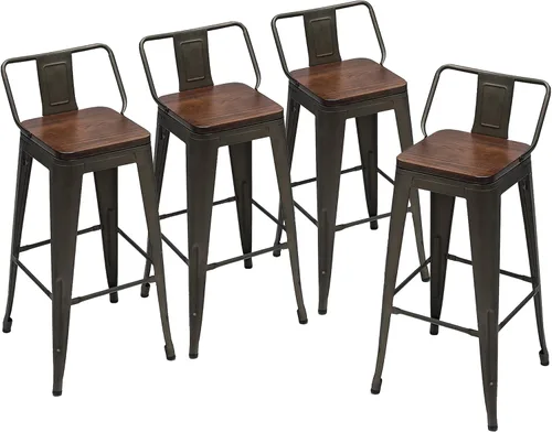 Miniatura 18 de Taburetes de bar de metal con respaldo, juego de 4 taburetes de altura de encimera de cocina con asiento de madera de 24 pulgadas, negro mate