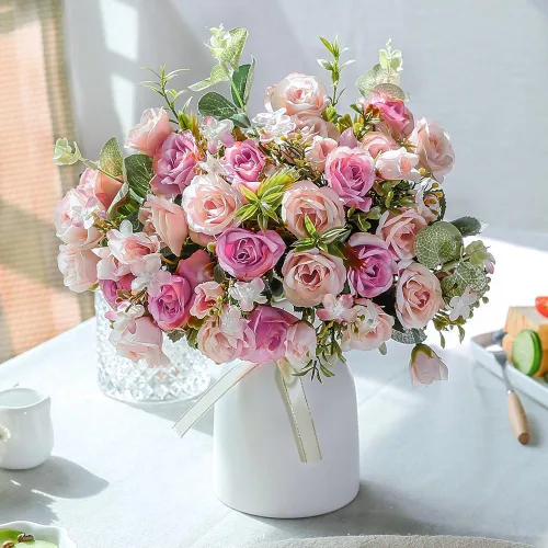 Miniatura 13 de LESING Ramos de flores artificiales de hortensias de seda con jarrón, flores falsas rústicas para decoración del hogar, centro de mesa (champán)