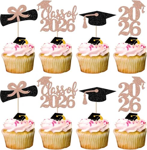 Miniatura 31 de Paquete de 24 adornos para cupcakes de clase 2025 con purpurina 2025 para diploma de graduación 2025 para cupcakes temáticos de graduación 2025