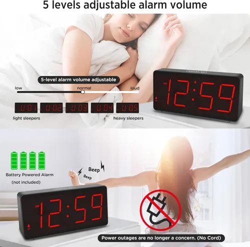 Miniatura 4 de Peakeep Reloj digital con pilas, reloj despertador para dormitorios, con 4 reguladores de intensidad grandes inalámbricos, para personas mayores