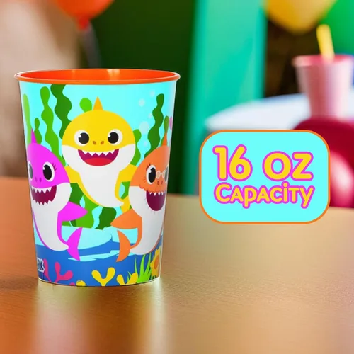 Miniatura 3 de Baby Shark - Vaso de plástico duradero para estadio, 16 onzas (1 unidad), accesorio colorido y ecológico, perfecto para cumpleaños y eventos de niños