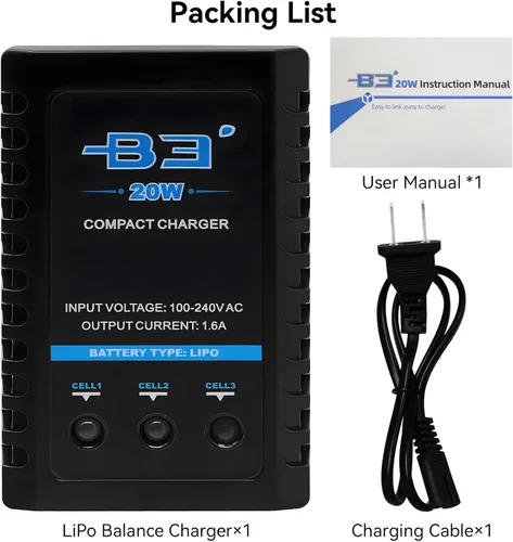 Miniatura 8 de Cargador de batería B3 Lipo - 2S 3S RC Balance Cargadores AC 7.4-11.1V 20W 1.6A con XH3P XH4P Plug para RC Baterías de Coche Drone Barco Avión