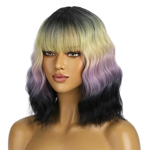 Miniatura 33 de BERON 14 Inches Ash Blonde Wig with Bangs Short Curly Wig Short Ash Blonde Bob Synthetic Wigs for Women Daily Halloween Party or Cosplay Hairnet