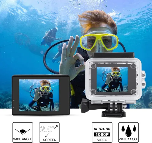 Miniatura 2 de Cámara de acción 1080P 30fps 12MP, cámara deportiva impermeable 30M de 2 pulgadas con accesorios para vlogging, buceo, esquí, negro