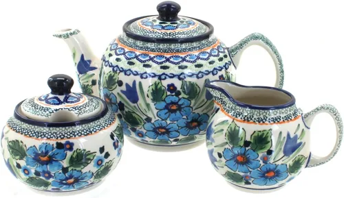 Miniatura 4 de Juego de té pequeño de tres piezas de pavo real de cerámica polaca de rosa azul