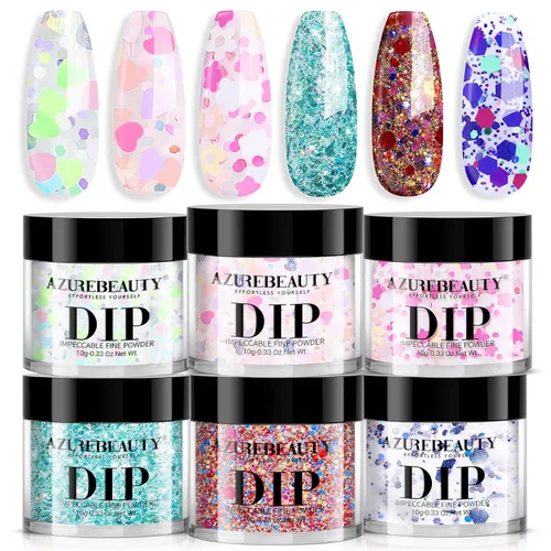 Miniatura 16 de AZUREBEAUTY Juego de uñas en polvo de inmersión, 6 colores con purpurina, rojo, verde, plateado, dorado, kit de iniciación de polvo de inmersión