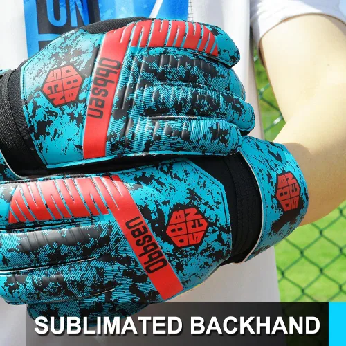 Miniatura 4 de Guantes de portero de fútbol para niños, jóvenes y adultos, guantes de portero de fútbol de agarre fuerte con protección para los dedos, Azul /Rojo