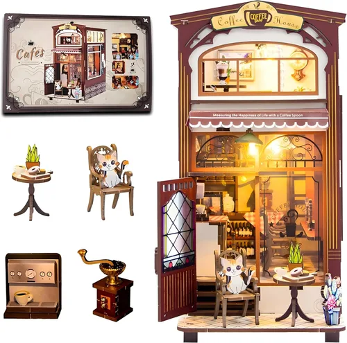 Miniatura 11 de Rincón de libros, kit de casa en miniatura, rompecabezas 3D de madera, luces LED, manualidades de decoración para adultos y adolescentes