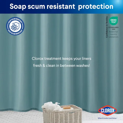 Miniatura 7 de CLOROX Cortina de ducha para baño con juego de forro de PEVA impermeable y liviano, tamaño estándar para baño, con imanes con peso y 12 ganchos