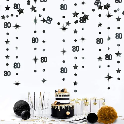 Miniatura 3 de Decoraciones negras de cumpleaños número 80, guirnalda de estrellas centelleantes con número 80, telón de fondo metálico para mujeres, hombres