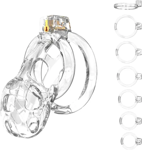 Miniatura 10 de Jaula de castidad masculina jaula suave para polla de castidad con 6 anillos, un catéter, dispositivos de castidad para hombres, ejercicios de pene