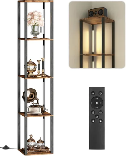 Miniatura 9 de Estante de exhibición de 64.2 pulgadas con luz, lámpara de pie de esquina moderna con estantes, lámpara de pie LED regulable con control remoto