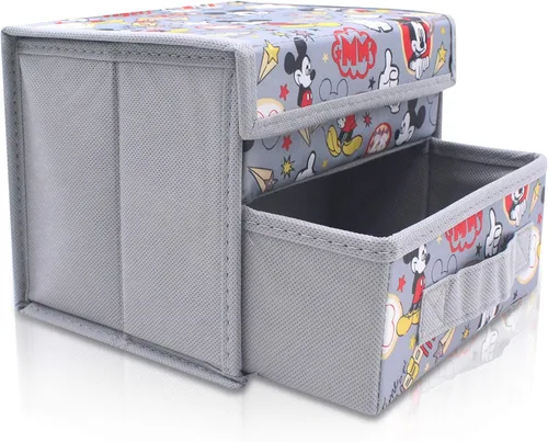 Finex Caja organizadora de almacenamiento plegable plegable para escritorio con tapa superior abatible y cajón extraíble, color gris Mickey