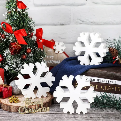Miniatura 2 de Blulu 3 piezas de decoración de copo de nieve de madera 3D blanco copo de nieve de mesa y centro de mesa decoración de madera de invierno